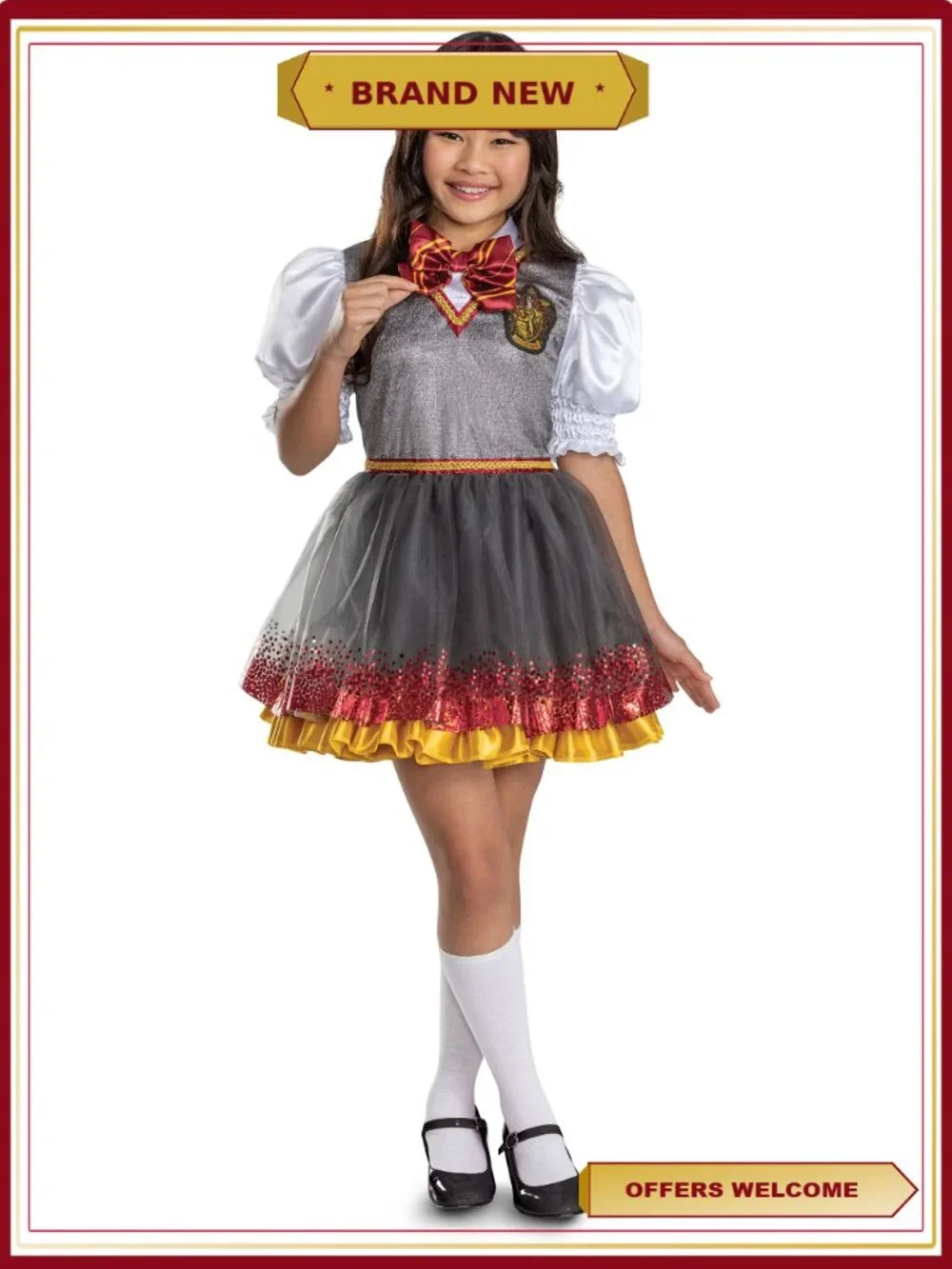 Harry Potter Hogwarts Girls Costume Dress Sequin Bodice Puff Sleeves Foil Print